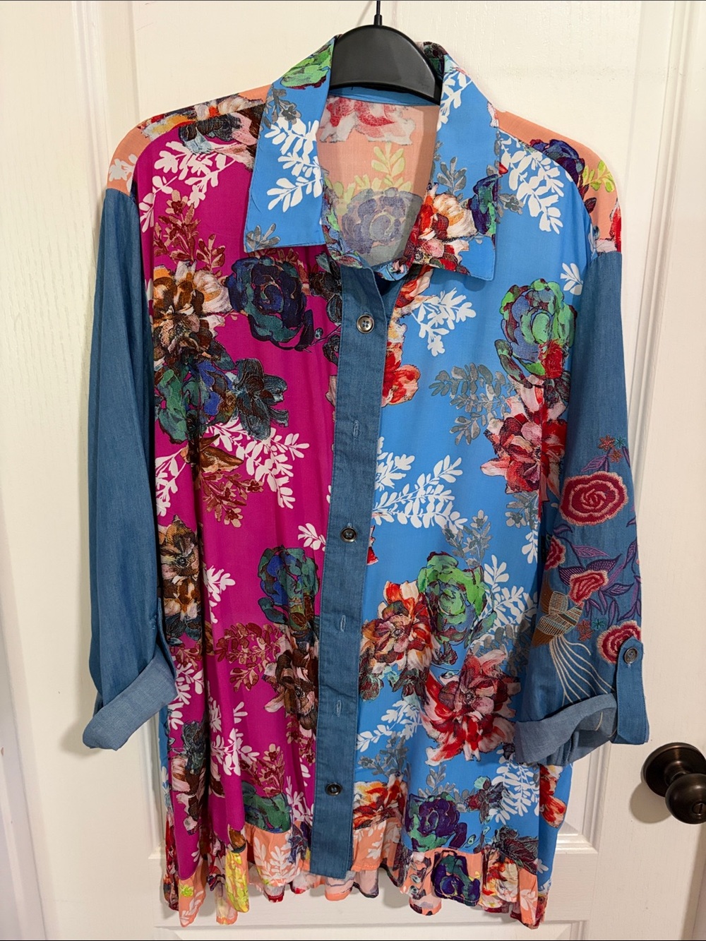 Button-Down Floral Patchwork Shirt in Blue and Magenta